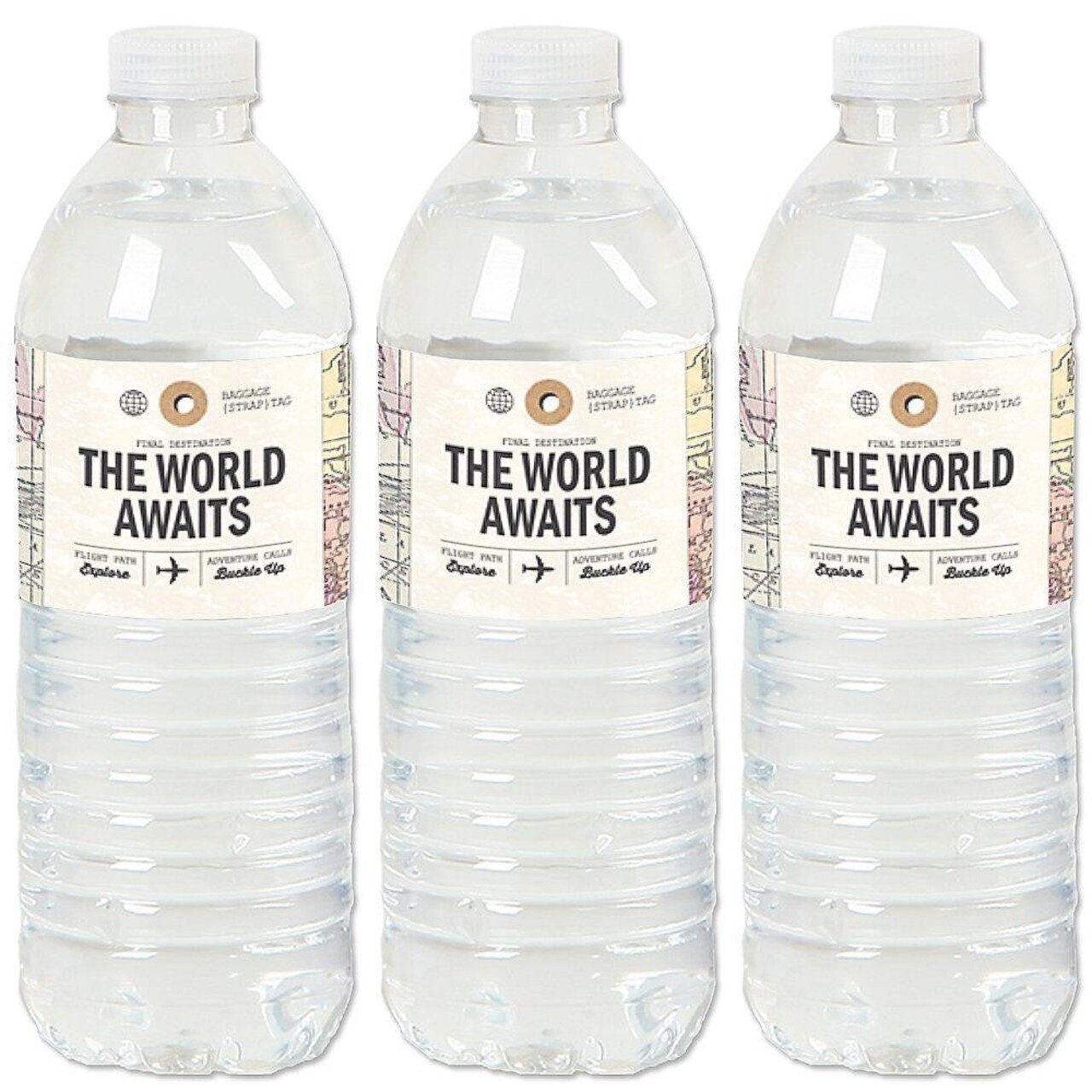 Big Dot of Happiness World Awaits - Travel Themed Party Water Bottle Sticker Labels - Set of 20